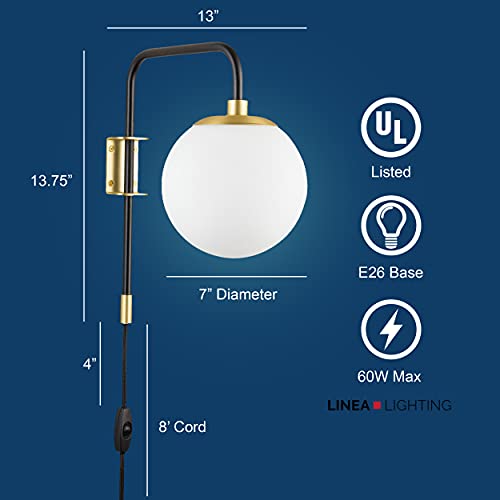 Caserti Black and Gold Plug in Wall Sconce Wall Lighting Modern Frosted Glass Globe Plug Wall Lamp with Plug in Cord Swing Arm Wall Mounted Bedside Lamp with On/Off Switch Wall Light