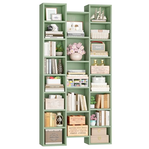 FOTOSOK 71'' H Bookshelf with 21 Cubes, Triple Wide Tall Bookshelf Green | 8 Tier Bookcase with 8 Adjustable Shelves, Large Bookshelf DVD/CD Media Tower Storage, Freestanding Display Shelf Cabinet - color: Green