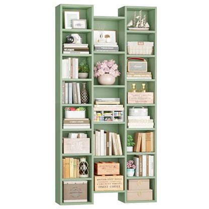 FOTOSOK 71'' H Bookshelf with 21 Cubes, Triple Wide Tall Bookshelf Green | 8 Tier Bookcase with 8 Adjustable Shelves, Large Bookshelf DVD/CD Media Tower Storage, Freestanding Display Shelf Cabinet - color: Green