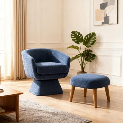 Swivel Barrel Chair and Ottoman Set, 360 Degree Club Chair, Comfy Boucle Armchair and Footstool, Upholstered Accent Sofa Chair w/Footrest for Living Room Bedroom Reception Room, Blue - color: Blue, size: Swivel chair