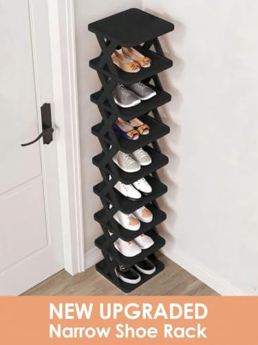9 Tier Narrow Vertical Shoe Rack Black Space-Saving DIY Stand | Free Standing, Entryway & Closet Use, Quick Assembly, Sturdy Structure, Easy to Clean