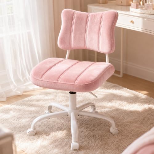 Homkdom Velvet Vanity Chair with Bow Backrest & Height Adjustable,Bedroom | Armless,360 Swivel,Silent Casters for Dressing Room & Living Room, Home Office,Make up,Reading,Light Pink - color: Light Pink