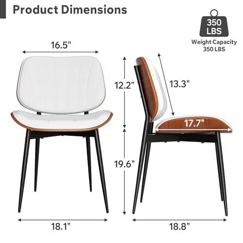 Dining Chair, Mid Century Modern Dining Room Chairs, Upholstered Faux Leather Kitchen Chairs with Walnut Bentwood Back and Metal Legs for Kitchen Dining Room Living Room, White - color: White, size: Set of 1