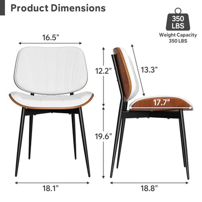 Dining Chair, Mid Century Modern Dining Room Chairs, Upholstered Faux Leather Kitchen Chairs with Walnut Bentwood Back and Metal Legs for Kitchen Dining Room Living Room, White - color: White, size: Set of 1