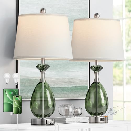 Coastal Glass Table Lamps Set of 2, 3-Way Dimmable Touch Control Nautical Lamp with USB A+C Ports,Bedside Lamp Beach Decor,Nightstand Lamp with White Shade for Living Room Bedroom(LED Bulbs Included) - color: Green