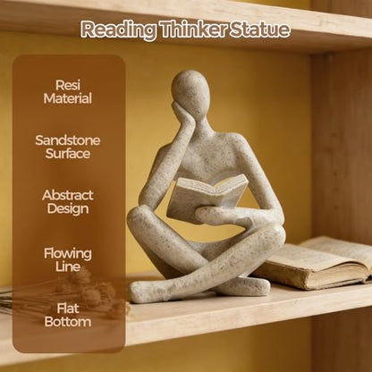 1PC Abstract Reading Thinker Statue, Resin Modern Art Sculpture for Bookshelf Coffee Table Home Office Decor (Beige)