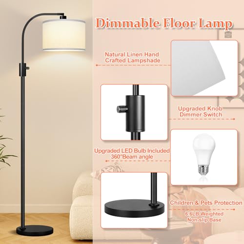 Nintiue Upgraded Modern Arc Dimmable Tall Standing Floor Lamp with White Shade, 1200 Lumens LED Bulb Included, for Living & Reading Room, Bedroom, Office & Nursery, Black - color: Matte Black-White Shade