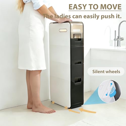 BGYMF 3-Tier Narrow Slim Bathroom Storage Cabinet,Movable,White | ABS and PP,with Wheels and Drawers,Large Storage Capacity,Water Resistant,Toilet Paper Holder,for Small Spaces - size: Ultra Thin 3 Tiers