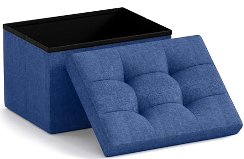 Ornavo Home Small Rectangle Storage Ottoman, Foldable Linen, 12x16x12, Navy | Collapsible Cube Design; Foot Rest Stool Seat; Ideal for Living Room, Bedroom, Home Office or Dorm - color: Navy Blue