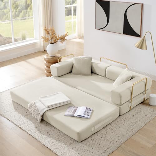 4-in-1 Folding Convertible Sofa Bed, 78 Inch Boneless Couch with Fixed-Shape Frame, Corduroy Loveseat Sleeper with Pull Out Bed, Floor Sofa Modular Futon Couch for Living Room Bedroom Lounge (Beige) - color: Beige