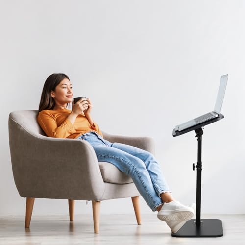 comfoyar C Shaped TV Tray for Couch, Adjustable Height Side Table with 360° Swivel 180° Flip for Small Space, End Table with Slat for Living Room Bedroom Laptop Snack. Black - color: Black