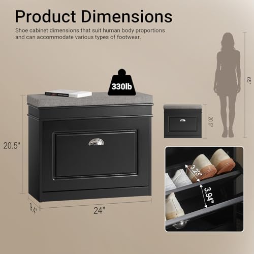 Haotian Black Hallway Shoe Bench, Narrow Shoe Rack Entryway, Small Shoe Cabinet with Flip-Drawer and Seat Cushion, FSR82-K-SCH - color: Black, size: 1 Drawer:24x9.4x20"
