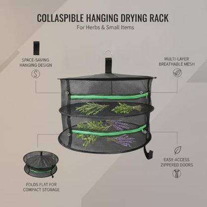 Collapsible Hanging Dryer with Zippered Mesh Layers, Space-Saving Foldable Air Drying Rack for Kitchen, Balcony, and Laundry (Black) - size: 23.62 x 23.62 x 21.65 in