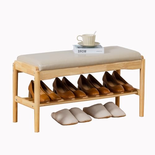 latifolia Small Shoe Bench, Solid Wood Bench with Cushion, 2 Tier Shoe Storage Organizer for Entryway(Nature,31.50''L) - color: Grey and Nature, size: 31.50''L