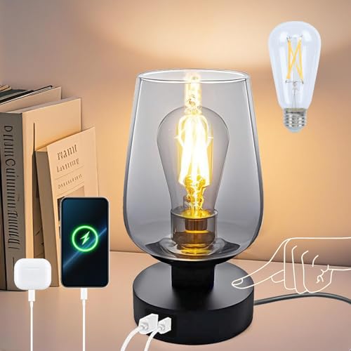 INVGOOD 3 Way Dimmable Touch Bedside Table Lamp, Black Glass Small Desk Lamp with Three Charging Ports for Bedroom Living Room Nightstand, 800LM LED Warm White Bulb Included - color: Black