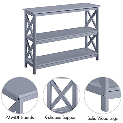 Yaheetech 42"L Console Table 3-Tier Narrow X-Frame Open Storage Shelf, Gray | Sofa Table for Entryway, Hallway and Living Room, Slim 14" Depth, Powder-Coated MDF, 88 lb Top Load, Easy Assembly - color: Grey