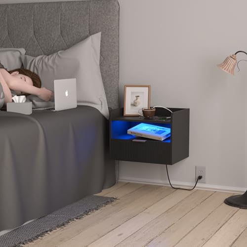 Veegle White Floating Nightstand with Charging Station and LED Lights (Black) - color: Black