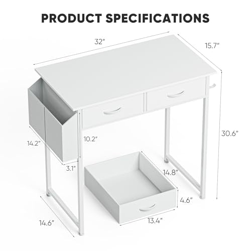 DUMOS 32" Home Office Computer Desk with Drawers, Small Gaming Writing Study Table with Storage Side Bag, Headphone Hook and Adjustable Feet for Bedroom White | Small Writing Desk for Home Office with Headphone Hook, Compact Study Table for Bedroom - colo