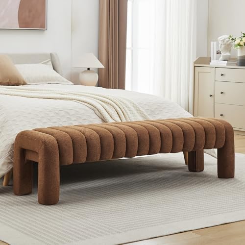 63" Bedroom Bench, Upholstered Entryway Bench, Modern End of Bed Ottoman with Solid Wood Legs and Adjustable Foot Pegs for Entryway, Dining Room and Living Room (Rust Brown Boucle) - color: Rust Brown Boucle, size: 63"