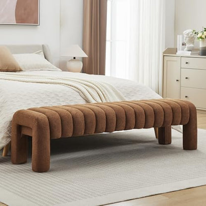 63" Bedroom Bench, Upholstered Entryway Bench, Modern End of Bed Ottoman with Solid Wood Legs and Adjustable Foot Pegs for Entryway, Dining Room and Living Room (Rust Brown Boucle) - color: Rust Brown Boucle, size: 63"