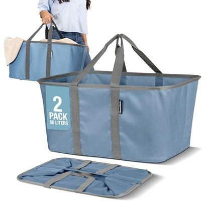 CleverMade Collapsible Laundry Tote, 50L Carry-All Tote, 2 Pack, Denim | Carry a Full Load with One Hand | Long Center Handles Balance 55 lb, While the Steel Rim Holds Shape and Folds Flat - color: Denim Gray