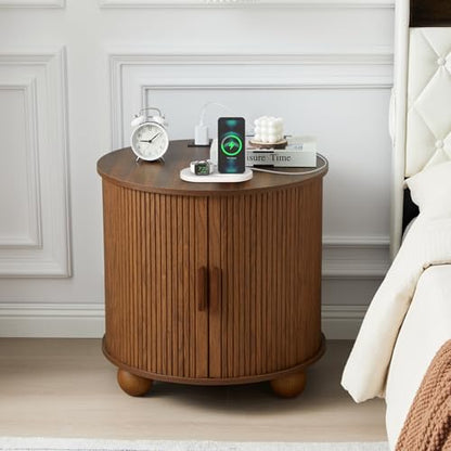 24" Round End Table with Charging Station, Fluted Side Table, Walnut | Farmhouse Sofa Side Tables Living Room, Mid-Century Wood Nightstand with Sliding Tambour Door & Storage, Round End Table - color: Walnut