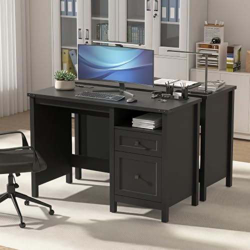 Farmhouse Executive Desk with Charging Station, 45″ Home Office Computer Desk with Drawer & Open Shelf, Writing Desk for Small Space,Black - color: Black