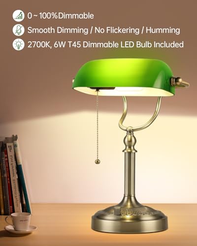 Green Stepless Dimmable Glass Bankers Desk Lamp | Table Lamp Plug in Fixture for Study, Office, LED Bulb Included - color: Green-Dimmable