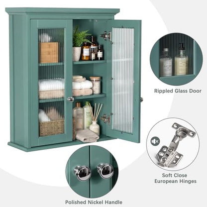 Over The Toilet Storage Cabinet, Bathroom Cabinet Wall Mounted with Built-in Level, Medicine Cabinet with Fluted Glass Doors, Wall Cabinet for Bathroom, Kitchen, Laundry Room, Halcyon Green - color: Halcyon Green