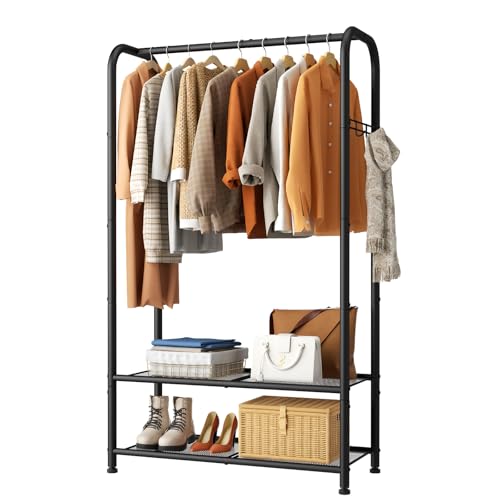SINGAYE Wardrobe Standing Closet Clothing Rack With Shelf Hanging Clothes | Wardrobe Open Compact Small Metal Garment Hanger Stand Alone Free Standing Black Closet Rack Storage Organizer Heavy Duty - color: Black, size: B1-11.5"D x 32"W x 72"H