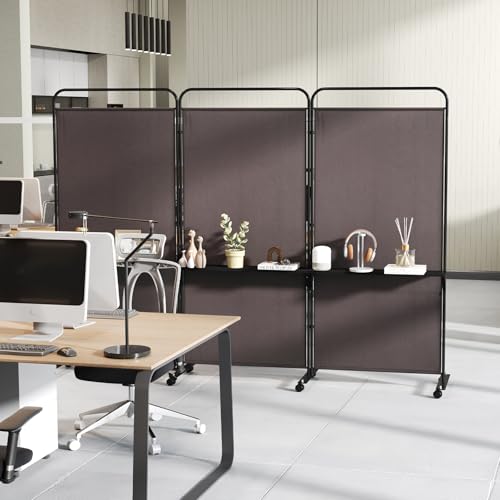 GOFLAME 3 Panel Room Divider with Storage Shelves, 6FT Folding Privacy Screen with Lockable Wheels, Portable Rolling Wall Divider, Freestanding Partition Screen for Room Separation, Brown - color: Brown