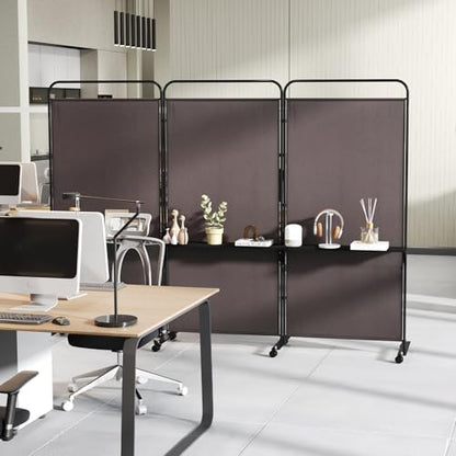 GOFLAME 3 Panel Room Divider with Storage Shelves, 6FT Folding Privacy Screen with Lockable Wheels, Portable Rolling Wall Divider, Freestanding Partition Screen for Room Separation, Brown - color: Brown