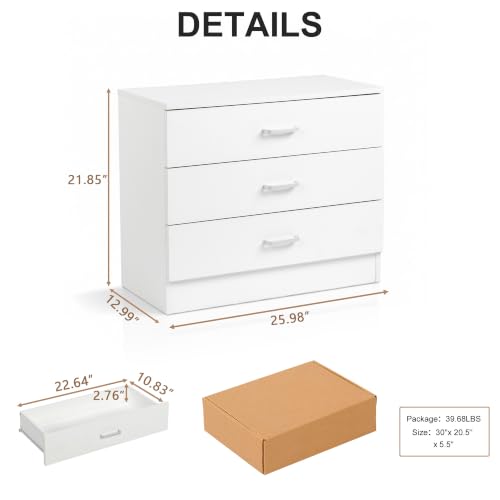 Vasitelan Wooden 3 Drawer Dresser, Modern Storage Chest of Drawers, Wood Bedside Table Night Table for Bedroom,Living Room (White) - color: White