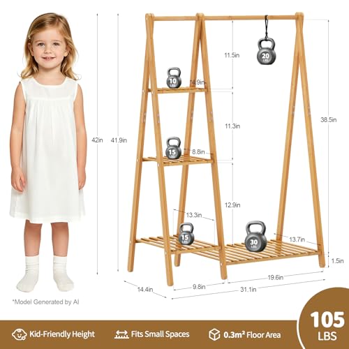 Small Clothes Racks,Kids Clothing Hanging Rack, Bamboo Garment Rack | Wood Corner Baby Chidren Toddler Nursey Clothes Hanger Rack Dress Costume Rack with 4 Shelves,Sturdy A Frame ,Portable