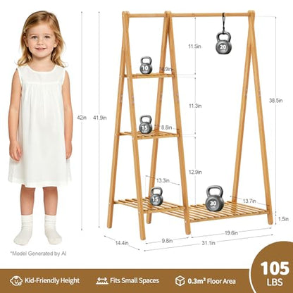 Small Clothes Racks,Kids Clothing Hanging Rack, Bamboo Garment Rack | Wood Corner Baby Chidren Toddler Nursey Clothes Hanger Rack Dress Costume Rack with 4 Shelves,Sturdy A Frame ,Portable