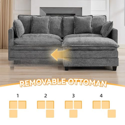 76'' Cloud Deep Seat Loveseat Sofa, Upholstered Chenille Modular 2-Seats Sectional Sofa Couch with Movable Ottoman, Modern Comfy Settee Loveseat for Living Room Set, Small Apartment, Grey - color: Grey, size: 76'' L Shape