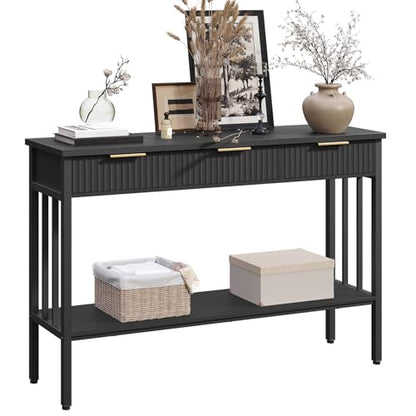 MAHANCRIS 47.2" Console Table with 3 Drawers, Fluted Black Entryway Table | Narrow Long Entry Table with Storage Shelf, Sofa Table for Entryway, Living Room, Foyer, Hallway, Office, Black Gold CTHB5201 - size: 11.8"D x 47.3"W x 32.3"H