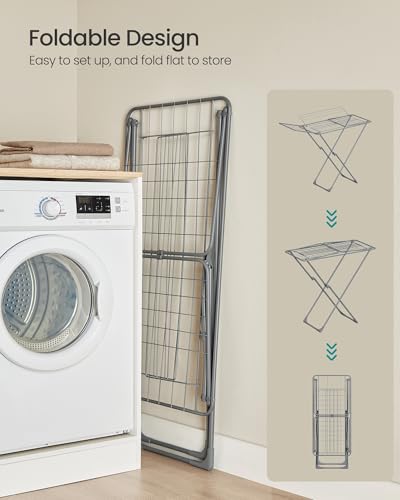 SONGMICS Clothes Drying Rack, Metal Laundry Drying Rack, Foldable, Space-Saving, Free-Standing Airer, with 4 Gullwings, Indoor Outdoor Use, Bed Linen Clothing, Gray ULLR541G01 - color: Gray, style: 4 Gullwings（31.7"D)