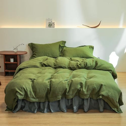 Simple&Opulence 100% Linen Duvet Cover Set with Embroidery Border Washed - 3 Pieces (1 Duvet Cover & 2 Pillow Shams) with Button Closure Soft Breathable Farmhouse - Olive, Queen Size - color: Olive, size: Queen