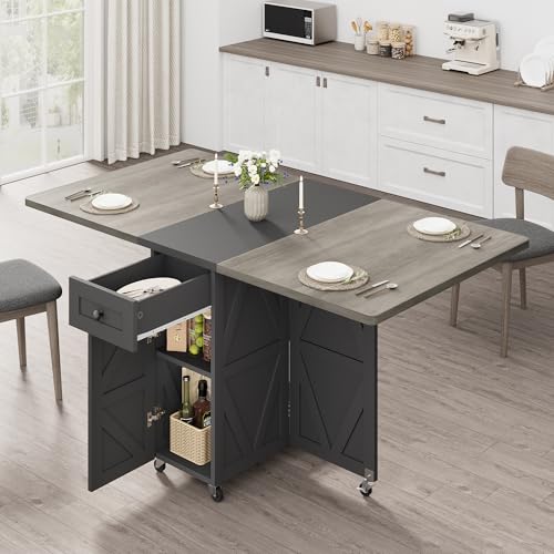Folding Dining Table for Small Spaces with Storage, Drop Leaf Kitchen Table | 3-in-1 Foldable Dining Table with Drawer & Shelves, Converts to Desk or Console for Apartment Living - color: Slate Grey, size: 51.1"D x 31.4"W x 29.9"H
