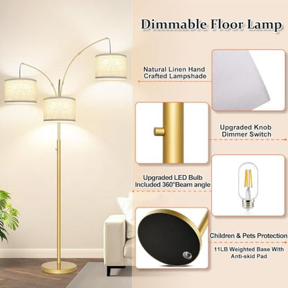 Dimmable Floor Lamp, 3 Lights Gold Arc Floor Lamp, Modern Tall Standing Tree Lamp with White Linen Shades & Heavy Base, 3000LM LED Bulbs, Bright Lighting for Living Room, Bedroom, Office & Reading - color: Gold-White Shade