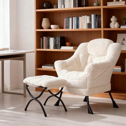Welnow Lazy Chair with Ottoman, Reading Chair with Footrest, Plush Beige | A Side Pocket,Armrests,Foldable Footrest,Thick Cushioned Seat & Backrest, Lounge Chair for Bedroom,Living Room & Small Space - color: Plush Beige