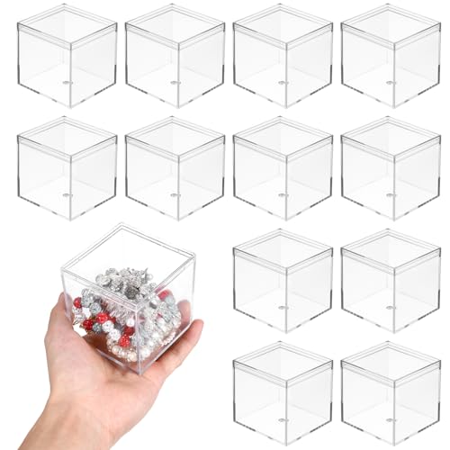 12 Pcs Clear Acrylic Plastic Small Acrylic Box with Lid Decorative Storage Box Jewelry Display Mini Clear Container for Home Candy Pill Tiny Jewelry, 3 x 3 x 3