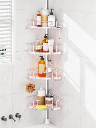 ALLZONE Corner Shower Caddy Tension Pole, 4 Hang-On Basket with Mixed-Height Shelves for Various Bottle Sizes, Extra Hooks & Soap Holder, Rustproof Stainless Steel, Fits 34–116 Inch, Silver/Pink - color: Silver/Pink