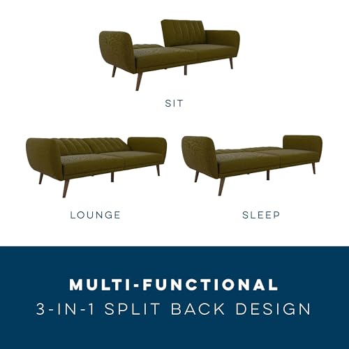 Novogratz Brittany 82 Inch Futon Sofa Bed in Faux Leather, Upholstered Couch Sleeper with Tufted Back, Mid-Century Modern Design, Green - color: Green