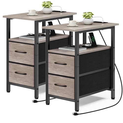 End Table with Charging Station Set of 2, Narrow Side Table, 23.8'' Tall Nightstand with 2 Drawers, Small Sofa Side Table Narrow Nightstand for Small Spaces, Living Room, Bedroom, Rustic Grey - color: Greige, size: 2, style: Ordinary