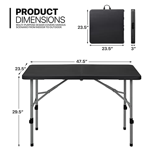 4Ft Folding Card Table, Picnic Cookout Table with Handle, Black | Outdoor, Foldable, Small Portable Plastic, Dining Picnic Cookout, w/Handle