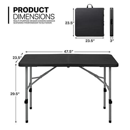 4Ft Folding Card Table, Picnic Cookout Table with Handle, Black | Outdoor, Foldable, Small Portable Plastic, Dining Picnic Cookout, w/Handle