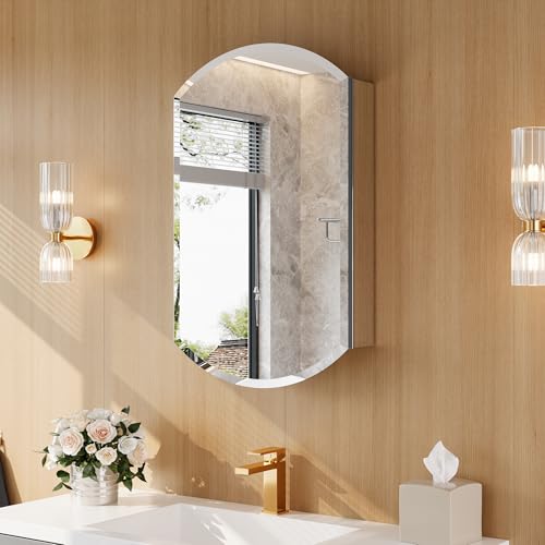 20"x32" Oval Bathroom Medicine Cabinet with Mirror, Reversible installation | Recessed or Surface Mount Medicine Cabinets with Adjustable Glass Shelves, Soft-Closed Hinge, Chrome Aluminum Frame - size: 20" x 32"