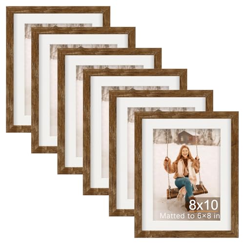 TOFOREVO 8x10 Picture Frames with 6x8 Mat Set of 6, Rustic Brown | Wood Grain Design, Wall Mounting or Tabletop Display, for Christmas Mother's Day Father's Day birthday - color: Rustic Wood, size: 8x10